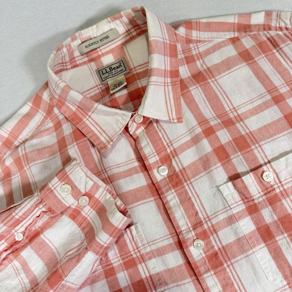 LL‎ Bean Mens XL Light Red Scotch Plaid Linen Blend Long Sleeve Button Up Shirt